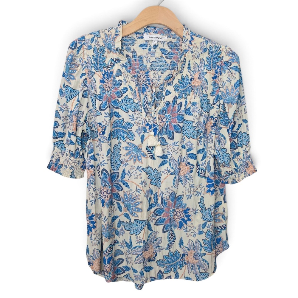 Rose + Olive Blouse Womens Medium M Blue Floral Tassel Tie Smocked Peasant Boho